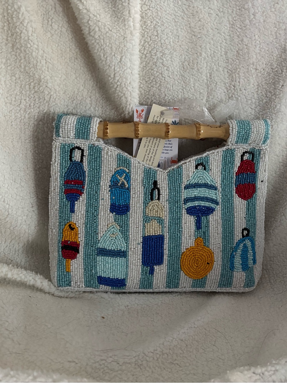 Beaded Buoy Pattern Shoulder Bag with Bamboo Handle - Teal Multi
